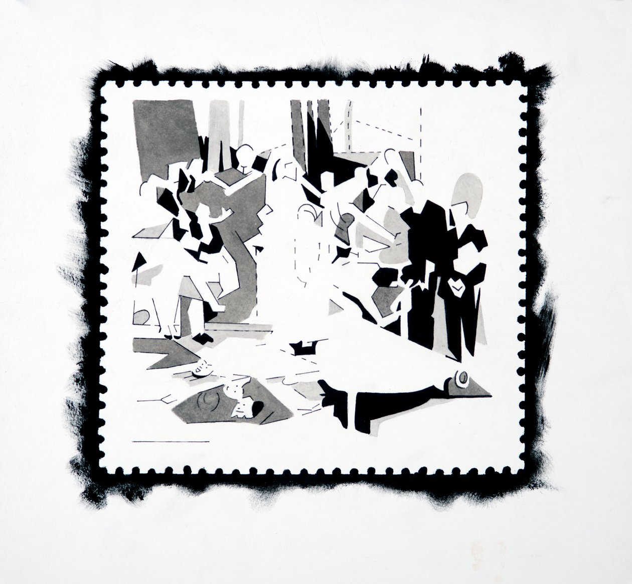 Feest van Pan (postzegelstudie), 2019 (inkt op papier) door Darren Coffield