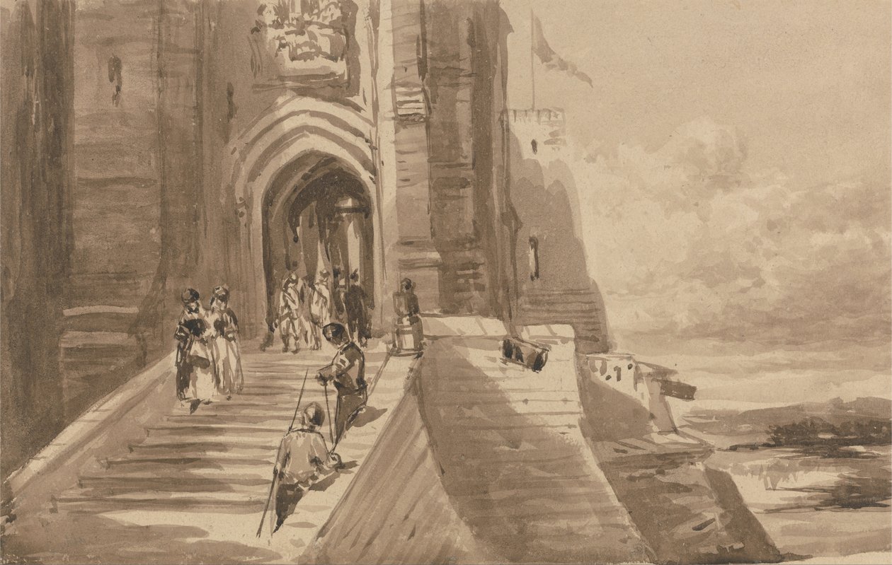 Figuren op de buitenste trap van een kasteel door David Cox