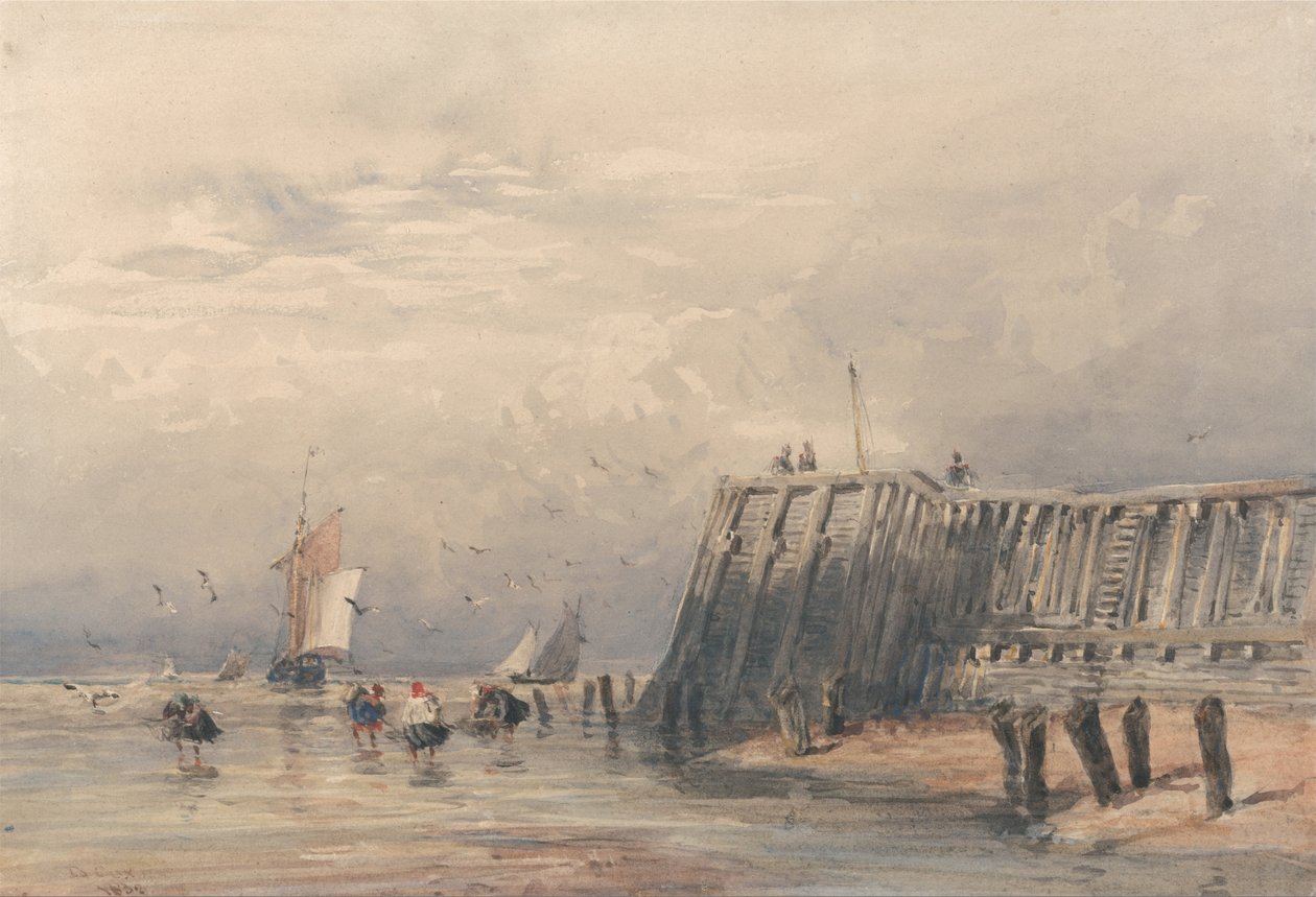 Zeilboten en Garnalenvissers bij een Pier door David Cox