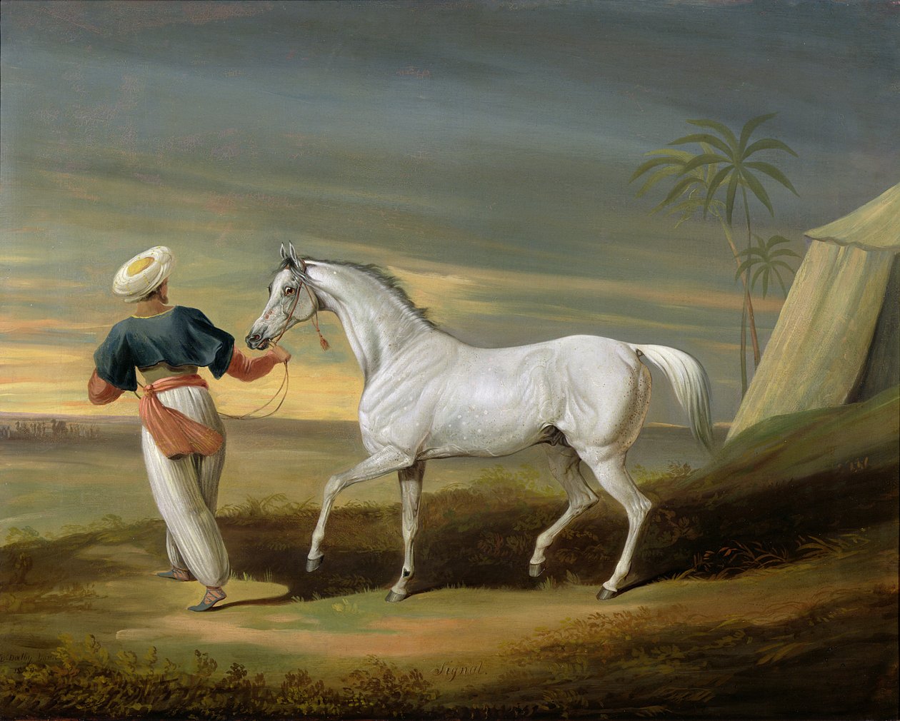 Signaal, een grijze Arabier, met een knecht in de woestijn door David of York Dalby