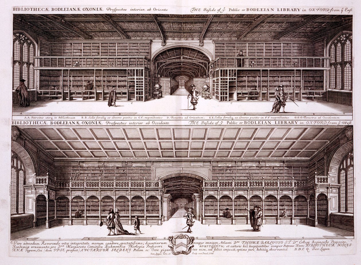 Interieur van de Bodleian Library, Oxford, uit Oxonia Illustrata, 1675 door David Loggan