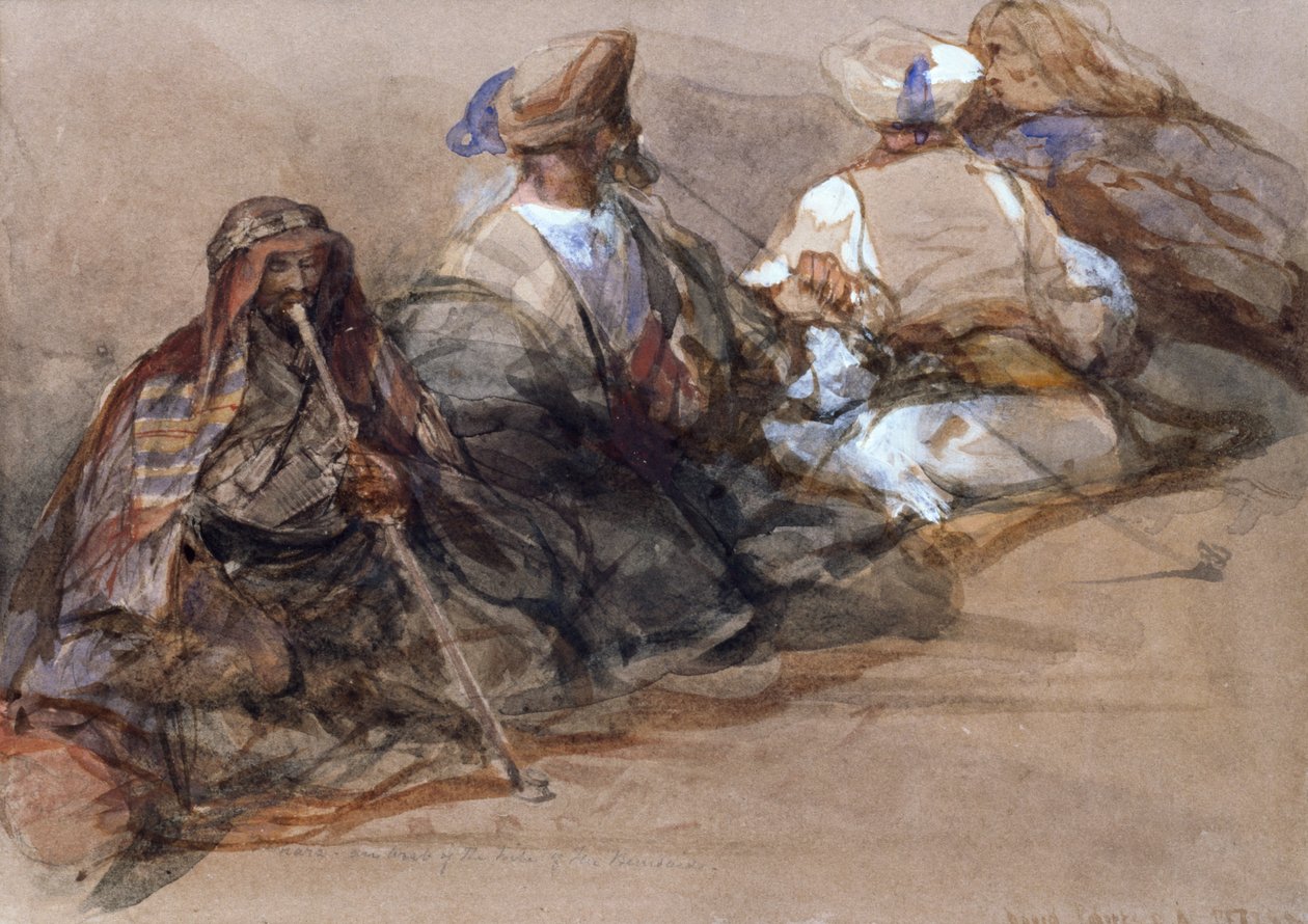 Groep Arabische figuren, twee roken een cubuk door David Roberts