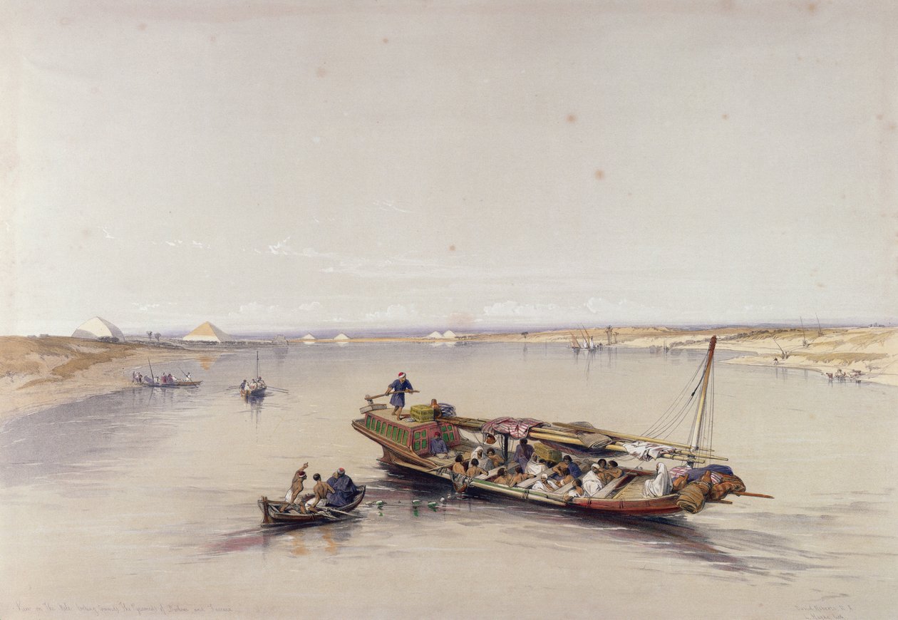 Uitzicht op de Nijl richting de piramides van Dahshur en Saqqarah, uit Egypte en Nubië, Vol.1 door David Roberts