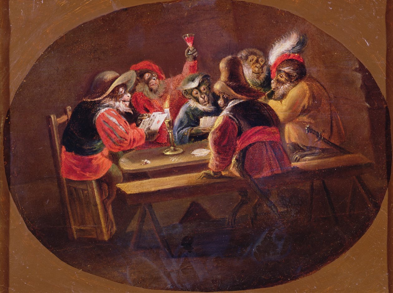 Apen verkleed als soldaten die kaarten en feestvieren door David Teniers the Younger
