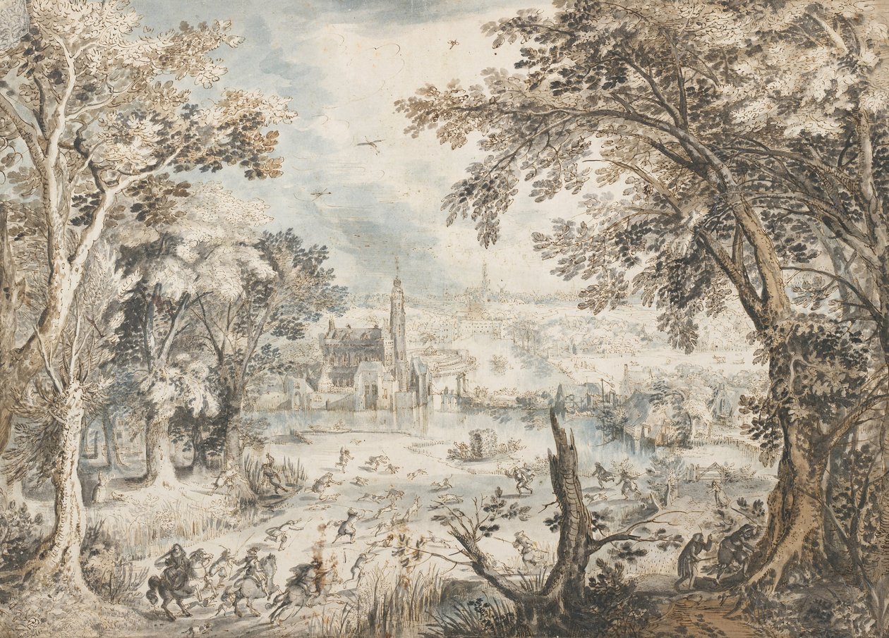 Landschap met een Hazenjacht, 1601-1602 door David Vinckboons