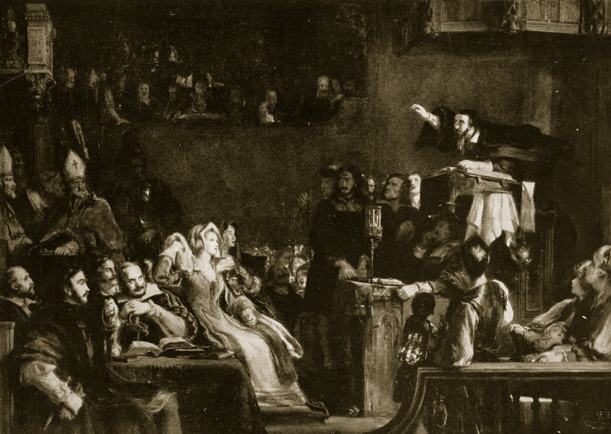 John Knox die Predikt voor de Lords of Congregation in de Kathedraal van St. Andrews, 1559, illustratie uit 