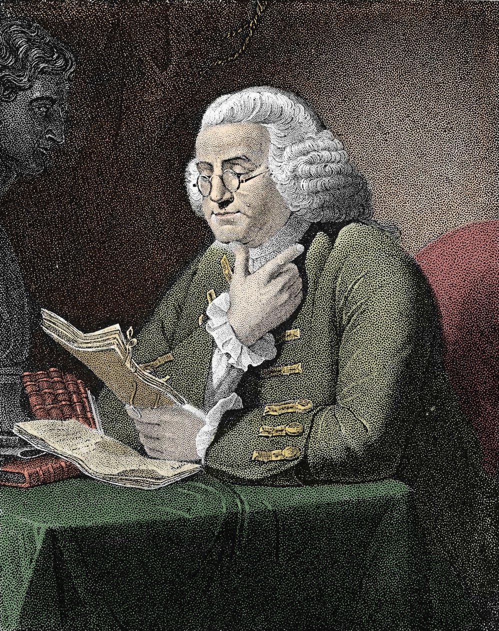 Portret van Benjamin Franklin (1706-1790), Amerikaanse filosoof, natuurkundige en ambassadeur. Gravure naar een schilderij van David Martin. door David (after) Martin