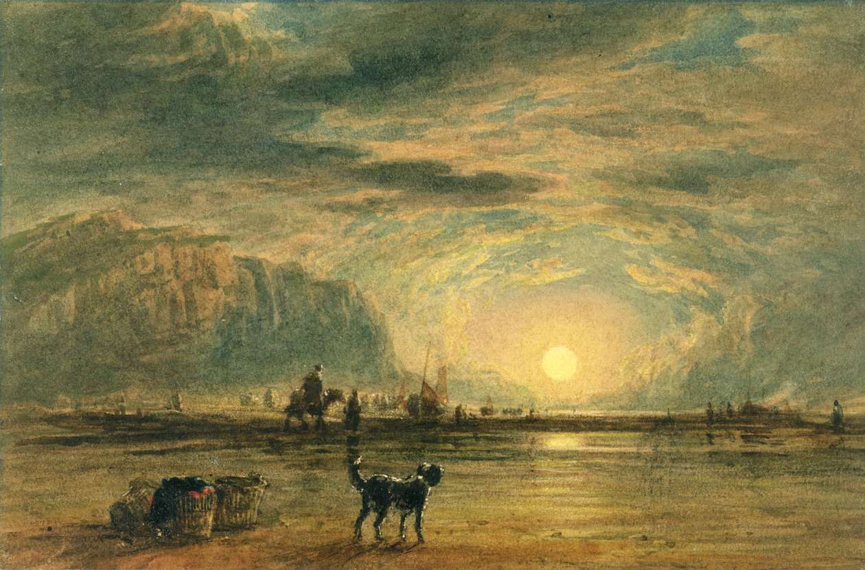Strandscène - Zonsopgang door David (attr. to) Cox