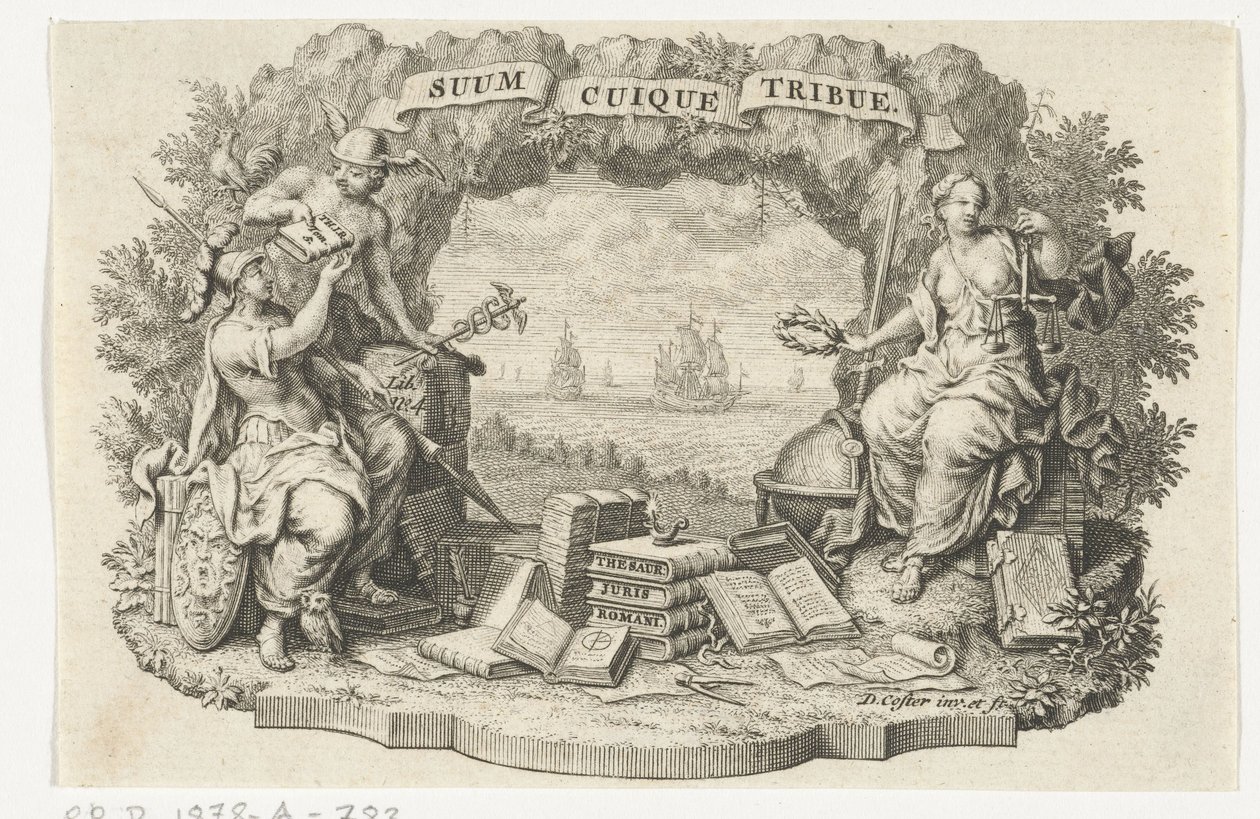 Vignet met Mercurius, Minerva en Rechtvaardigheid door David Coster