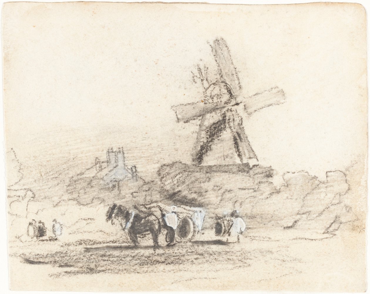 Een kar met twee paarden bij een windmolen door David Cox