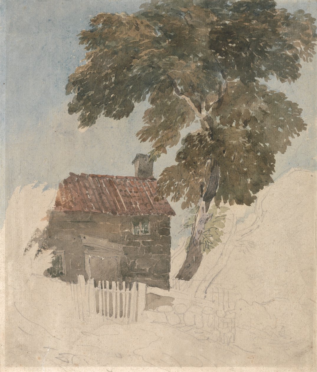 Huisje en bomen door David Cox