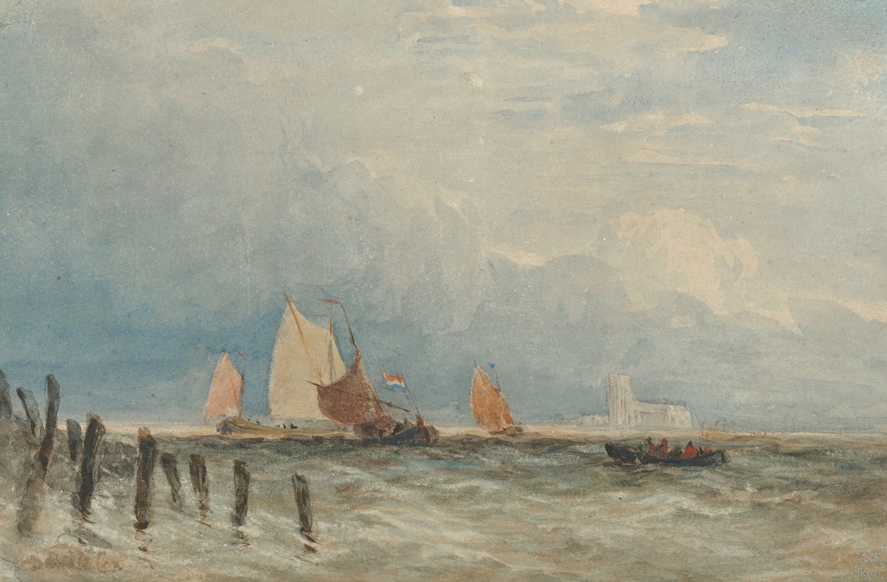 Nederlandse vissersschepen voor de kust, met Grote Kerk, Dordrecht in de verte door David Cox