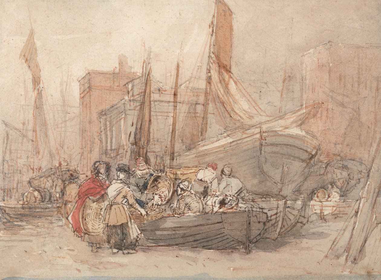 Haventafereel met vissersboten die worden gelost door David Cox