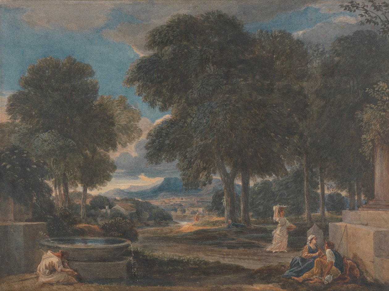 Landschap met een man die zijn voeten wast bij een fontein, naar Poussin door David Cox