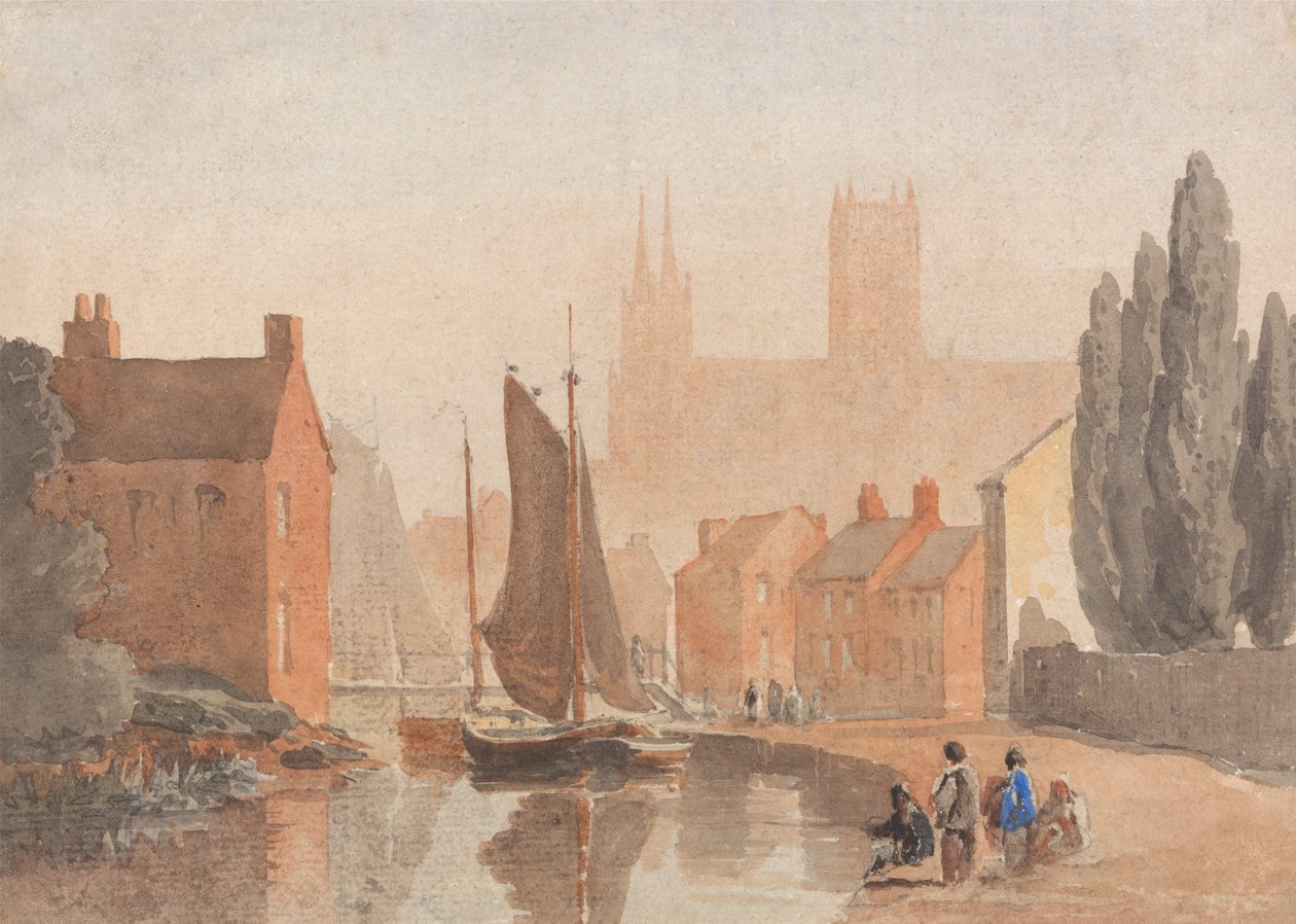 De kathedraal van Lincoln, gezien vanaf Brayford Pool door David Cox