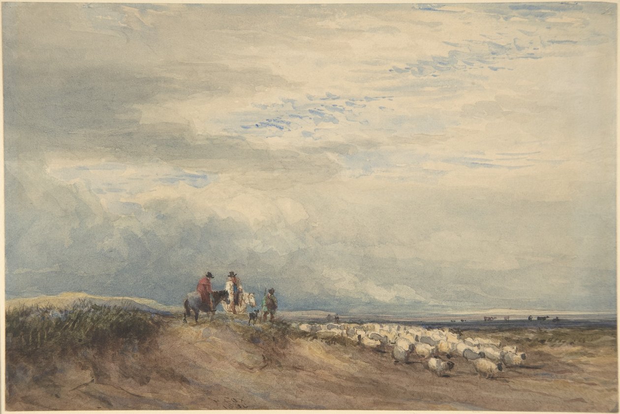 Ruiters met schapen bij een estuarium door David Cox