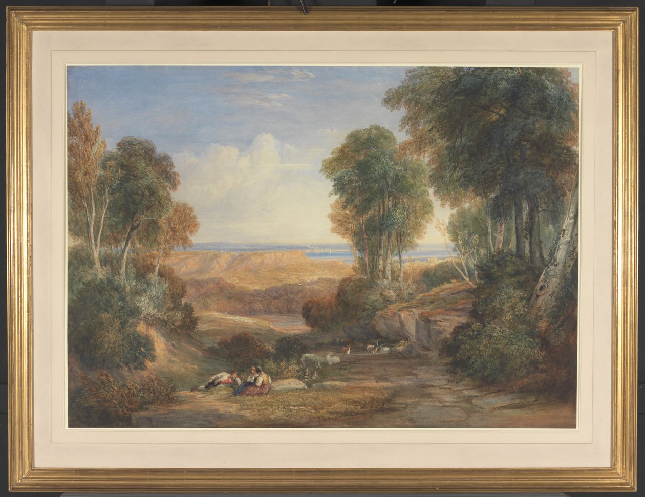 De samenvloeiing van de Severn en de Wye met Chepstow in de verte door David Cox