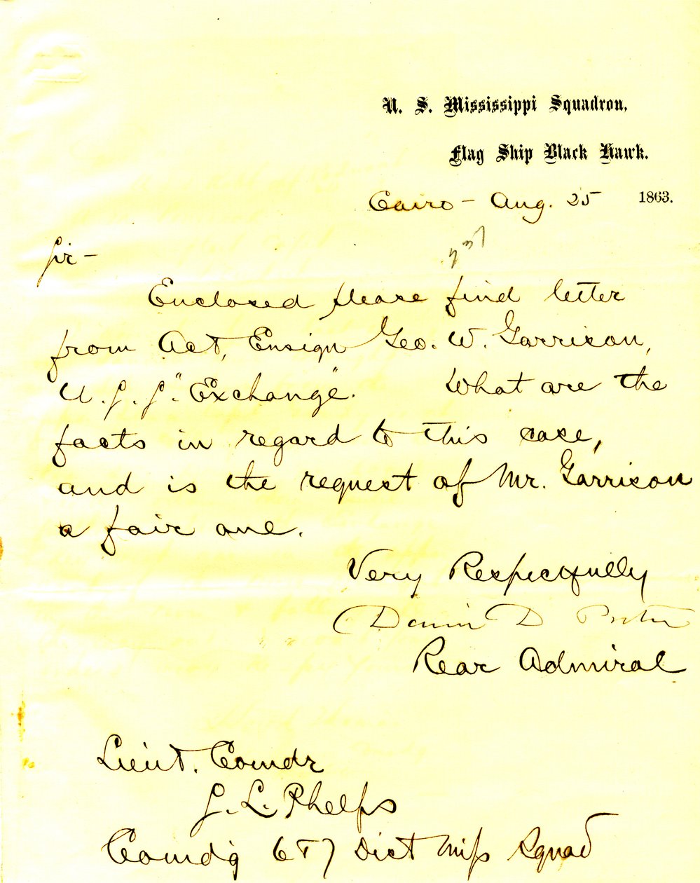 Brief van David D. Porter, U. S. S. Black Hawk, Cairo, Illinois, aan Seth Ledyard Phelps, 25 augustus 1863 door David D. Porter