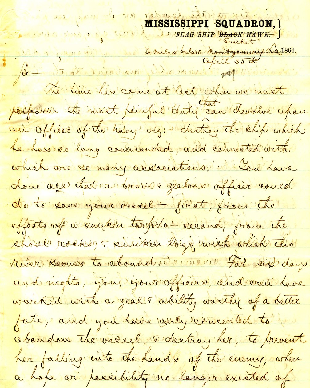 Brief van David D. Porter, U. S. S. Cricket, 2 mijl onder Montgomery, Louisiana, aan [Seth Ledyard] Phelps, commandant U. S. S. Eastport, 2 mijl onder Montgomery, Louisiana, 25 april 1864 door David D. Porter