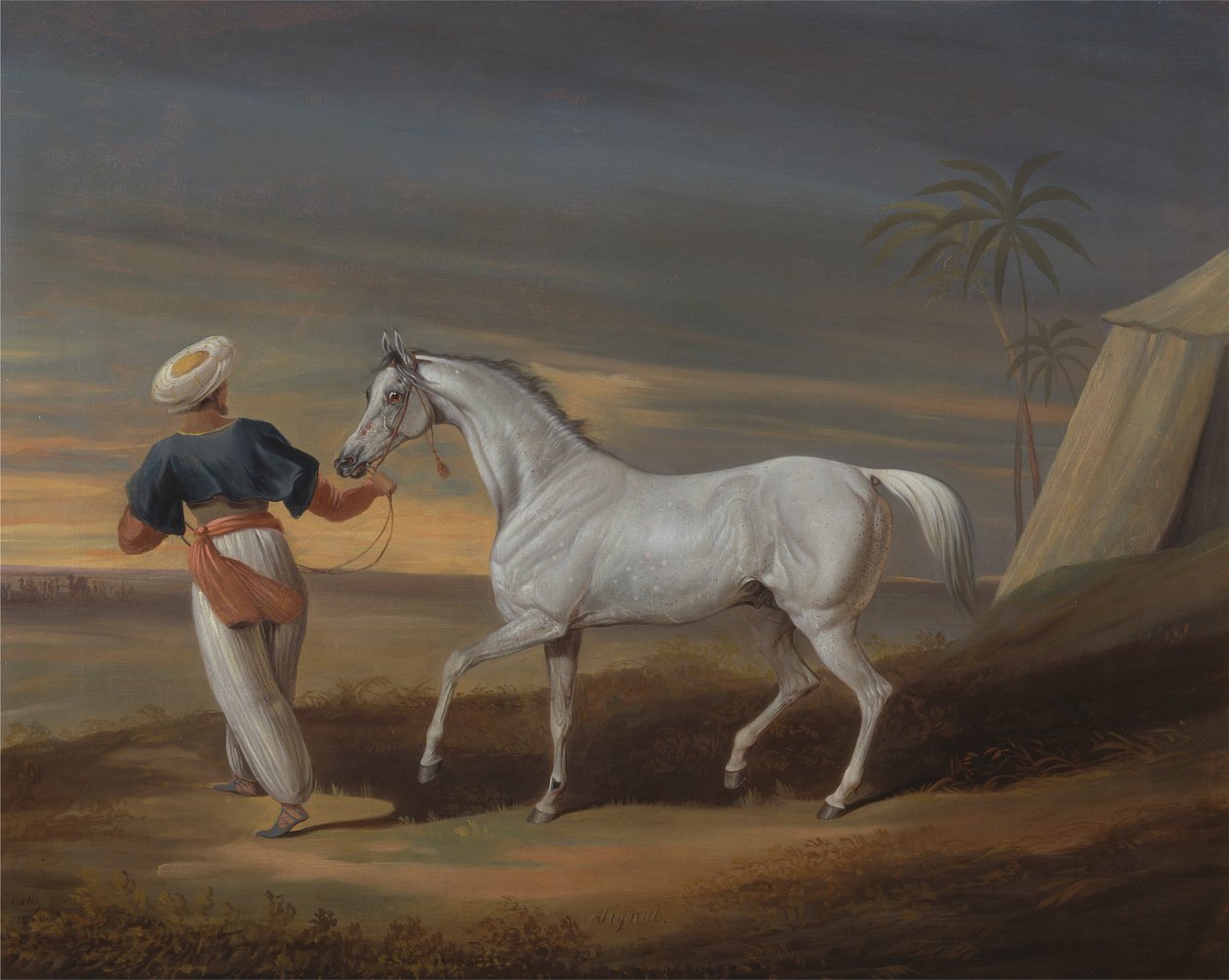 Signal, een grijze Arabier, met een stalknecht in de woestijn door David Dalby of York