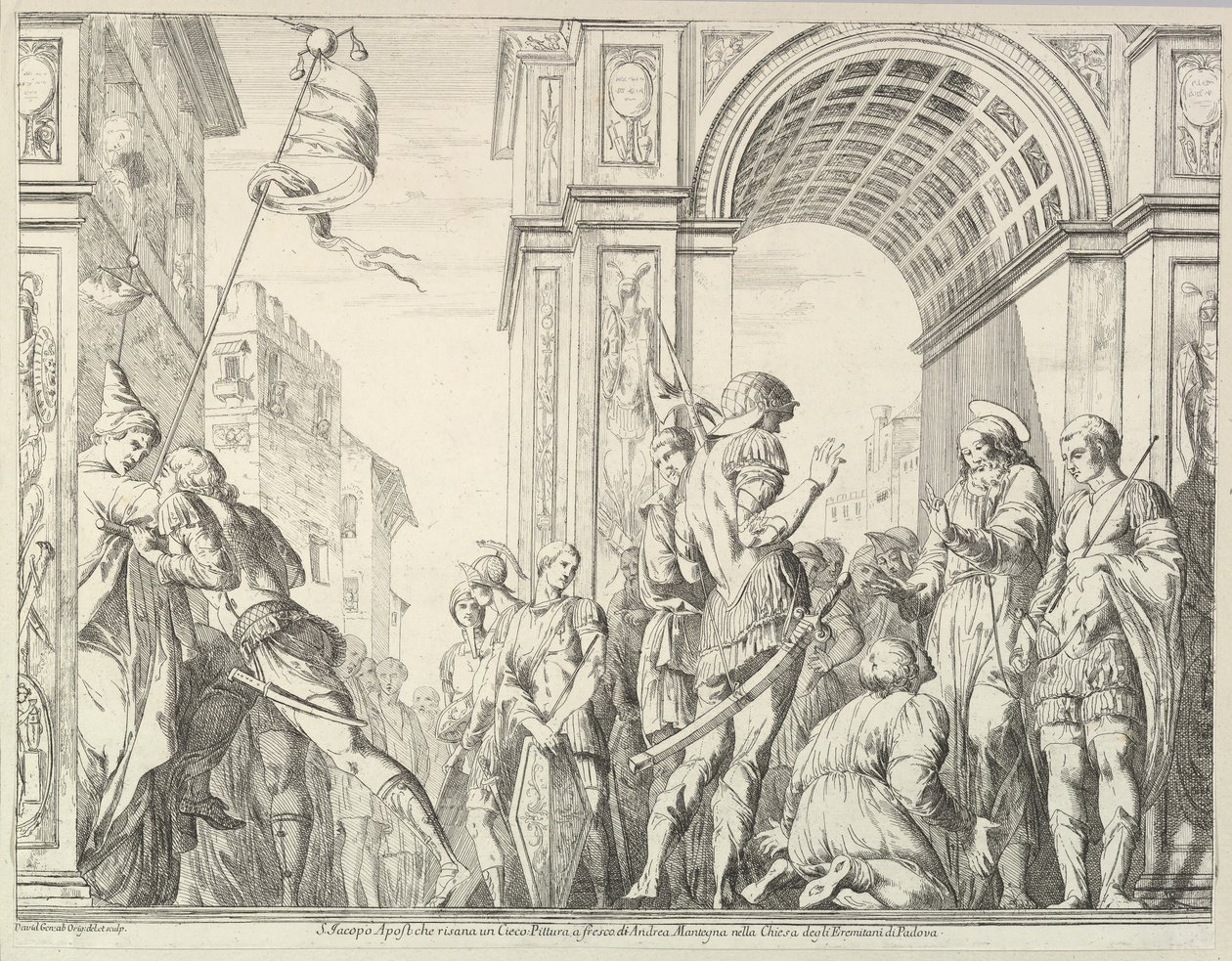 Sint Jacob geneest een blinde man, uit Het verhaal van de heiligen Jacobus en Christoffel in de Erem... door David Giovanni