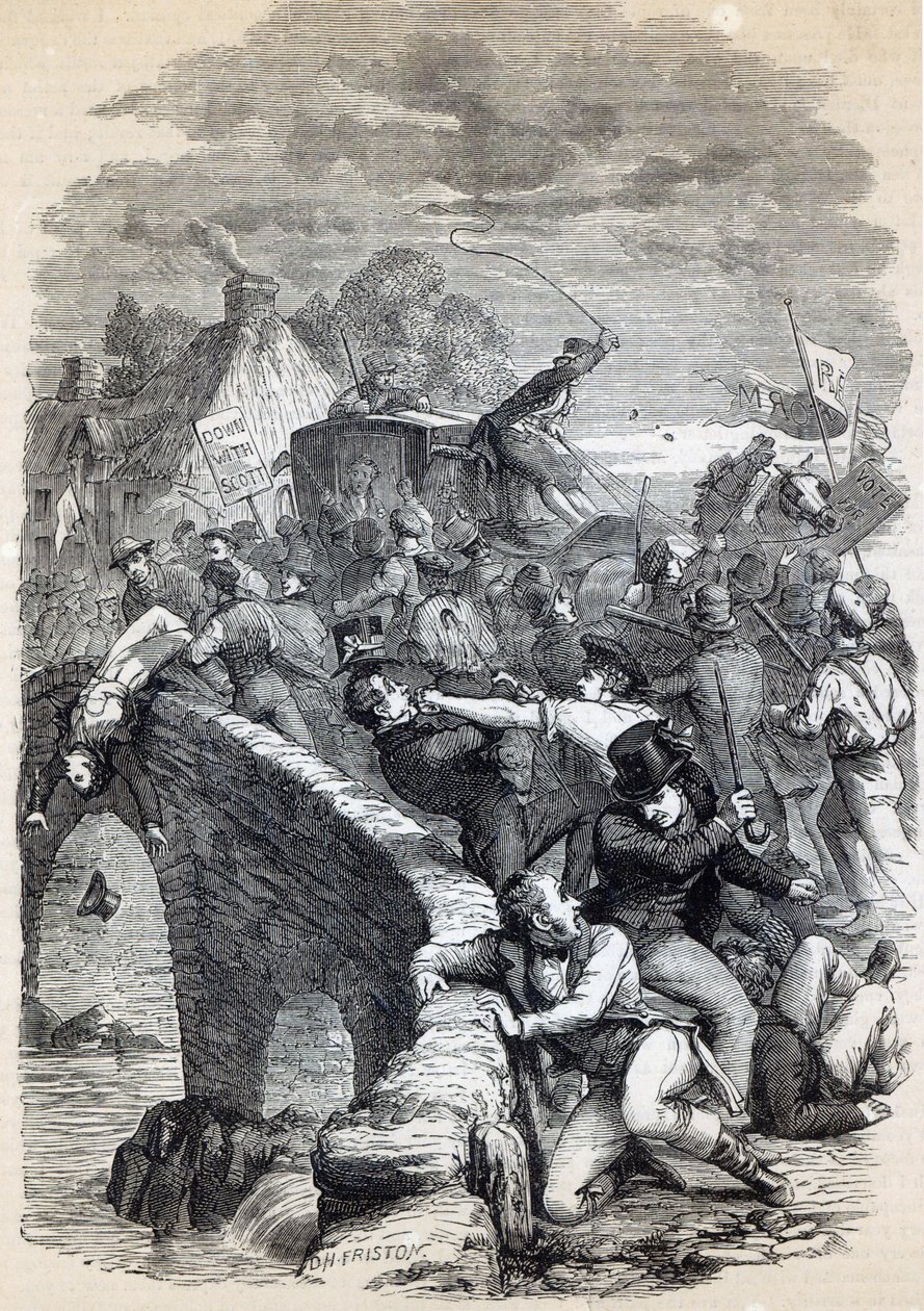 Verkiezingsrellen in Hawick, 1837, illustratie uit 