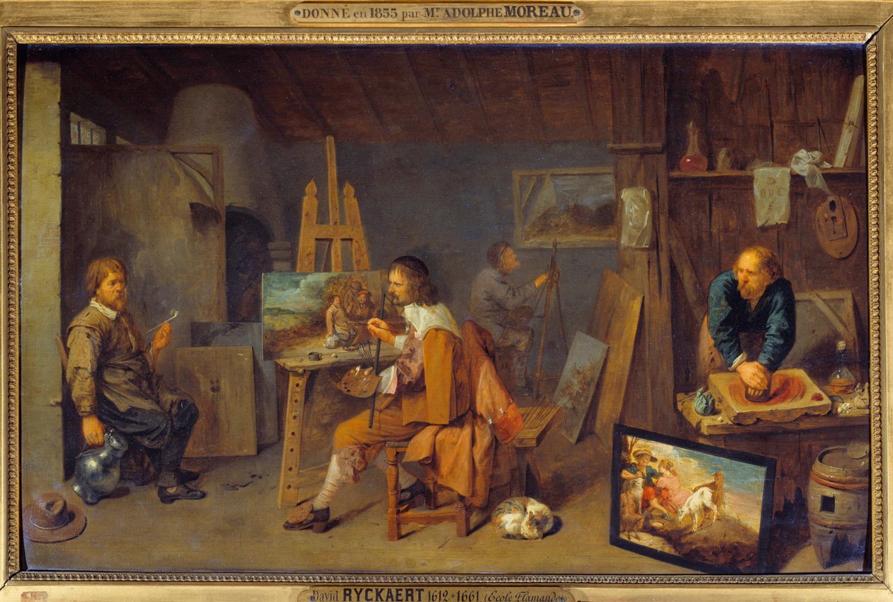 Atelier van de schilder met poserend model en kleurengrinder door David III Ryckaert