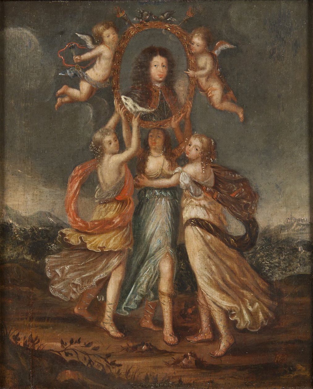 Drie allegorische figuren met het portret van Karel XI van Zweden door David Klöcker Ehrenstrahl