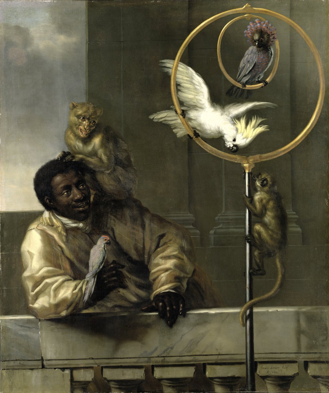 Zwarte man met papegaaien en apen, 1670 door David Klöcker Ehrenstrahl