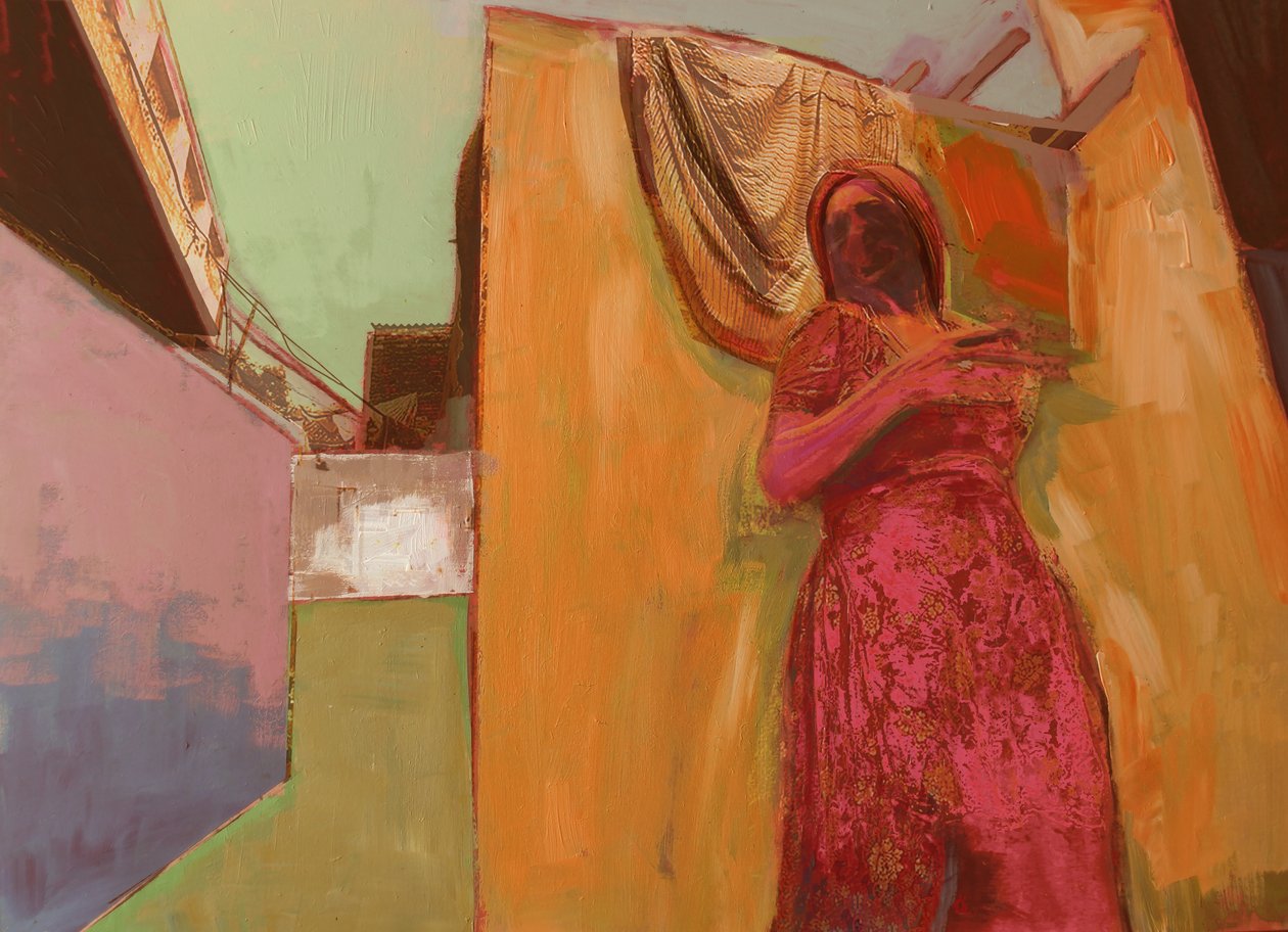 Vrouw in roze jurk, 2016 door David McConochie