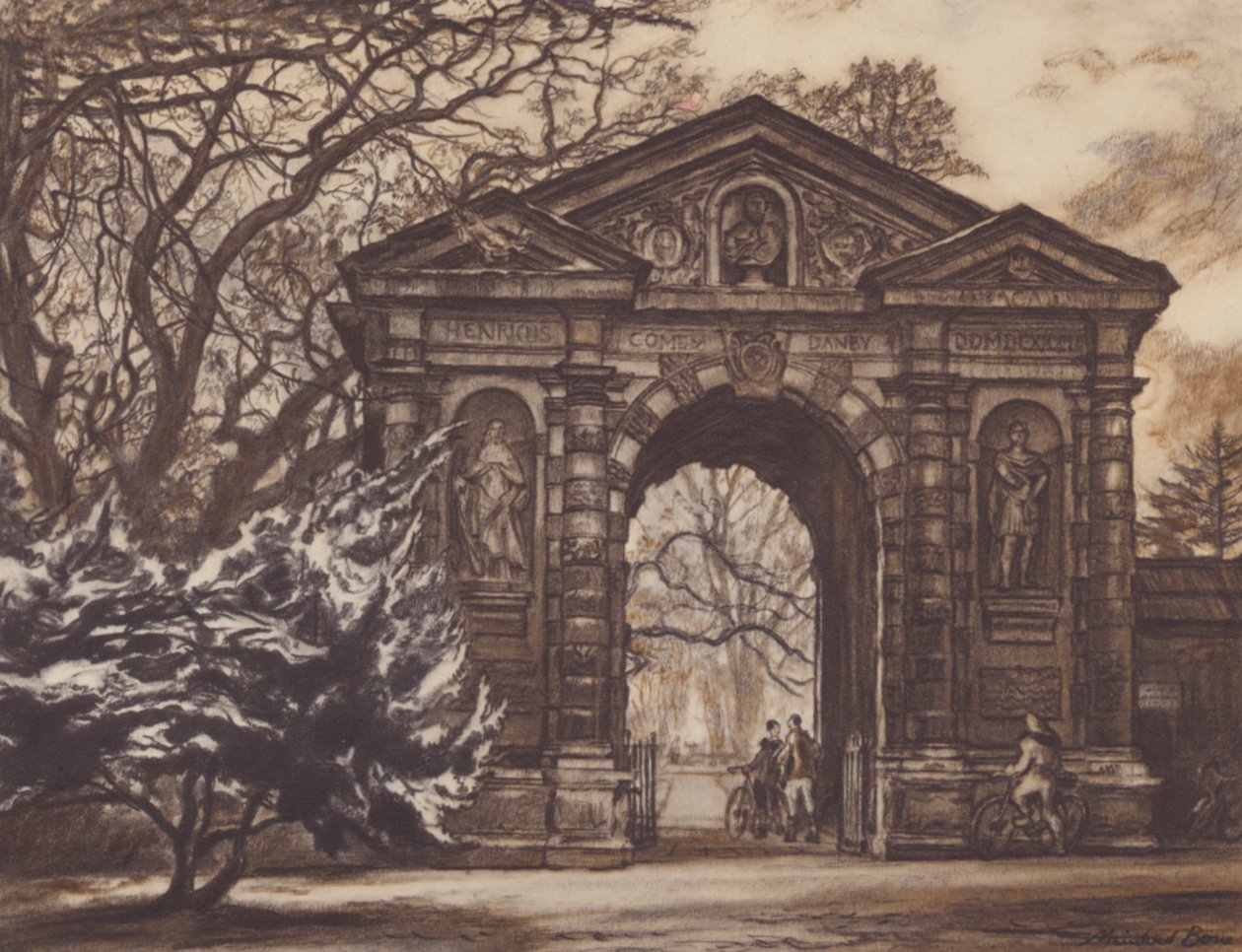 Oxford: Oude poort, botanische tuinen (kleurenlitho) door David Muirhead (after) Bone