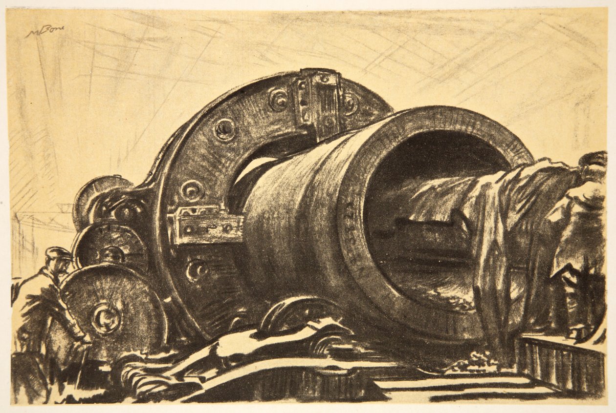 Een boormachine aan het werk op een zwaar kanonbuis, illustratie uit 