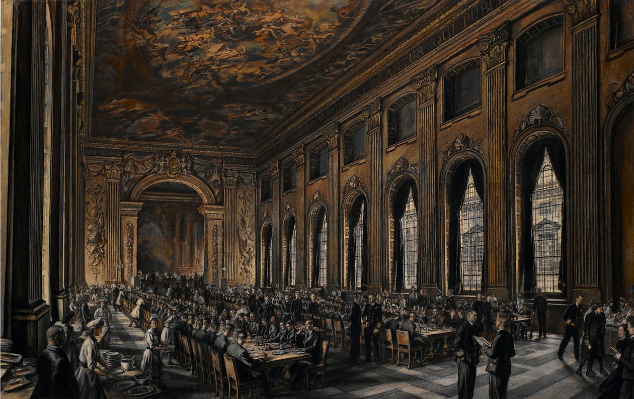 Officieren dineren in de geschilderde hal (in het Royal Hospital in Greenwich, Engeland, voor gepensioneerde zeelieden) tijdens de Tweede Wereldoorlog (1939-1945) door David Muirhead Bone