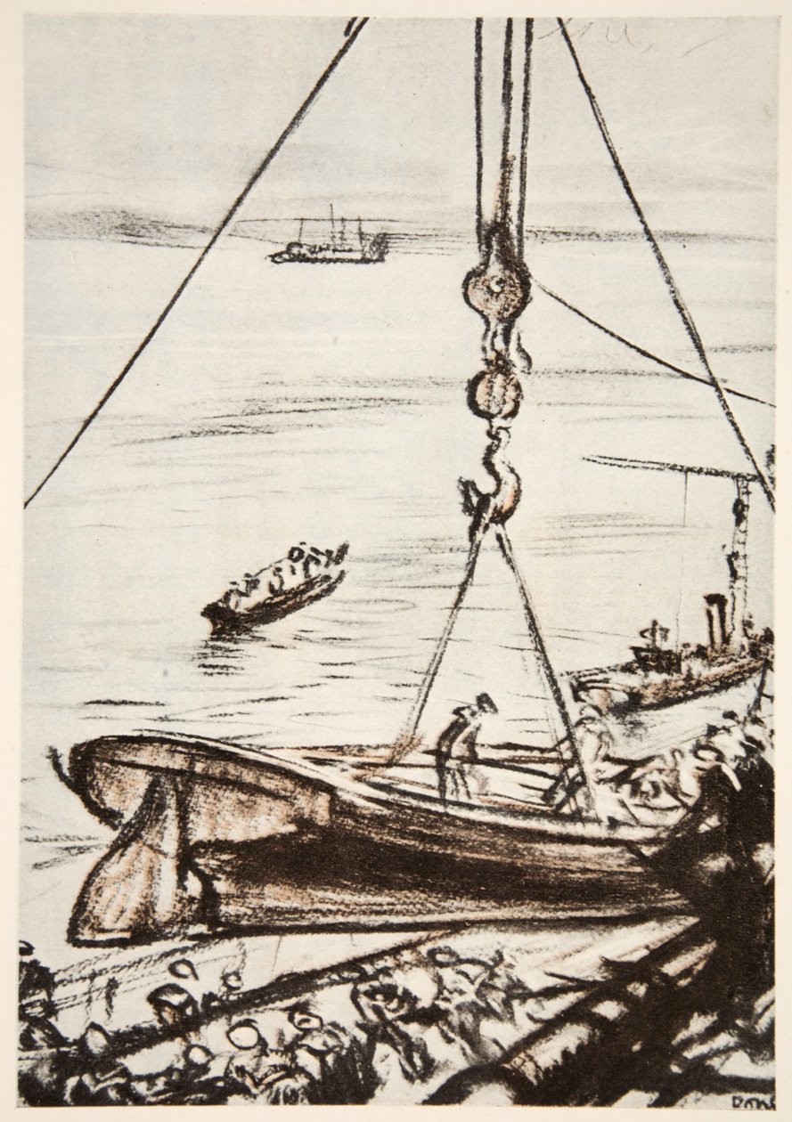 Op een slagschip: een boot laten zakken vanaf de hoofdmast, illustratie uit 