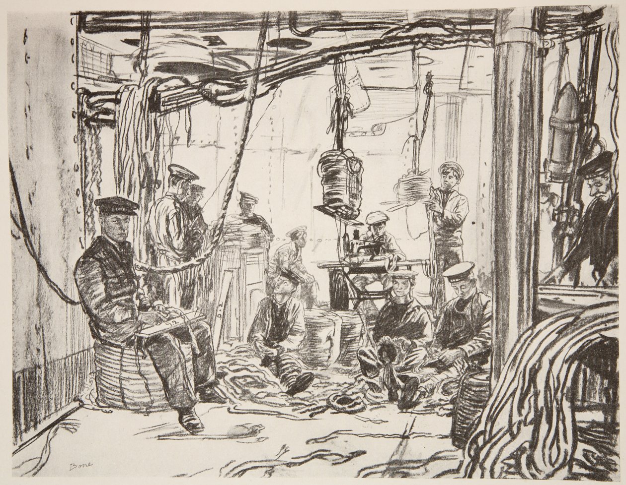 Matrozen op een slagschip maken munitie voor het leger, illustratie uit 