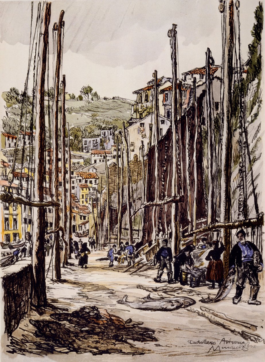 De tonijnvissers, Cudillero, Asturische kust door David Muirhead Bone
