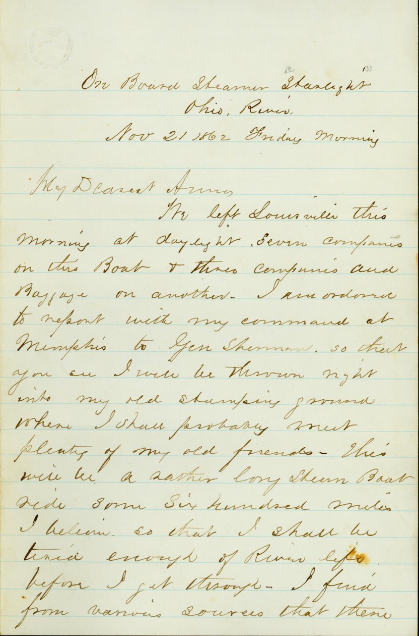 Brief van D. P. Grier, aan boord van Stoomboot Starlight, Ohio River, aan Anna McKinney, 21 november 1862 door David Perkins Grier