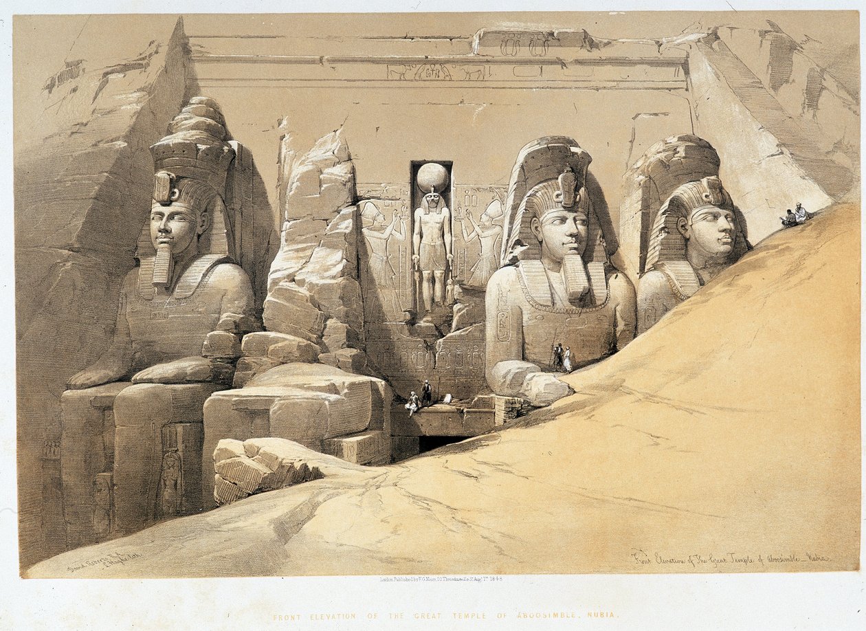 Vooraanzicht van de grote tempel van Aboo Simbel (Aboosimbel, Abu of Abu Simbel), Nubië in 