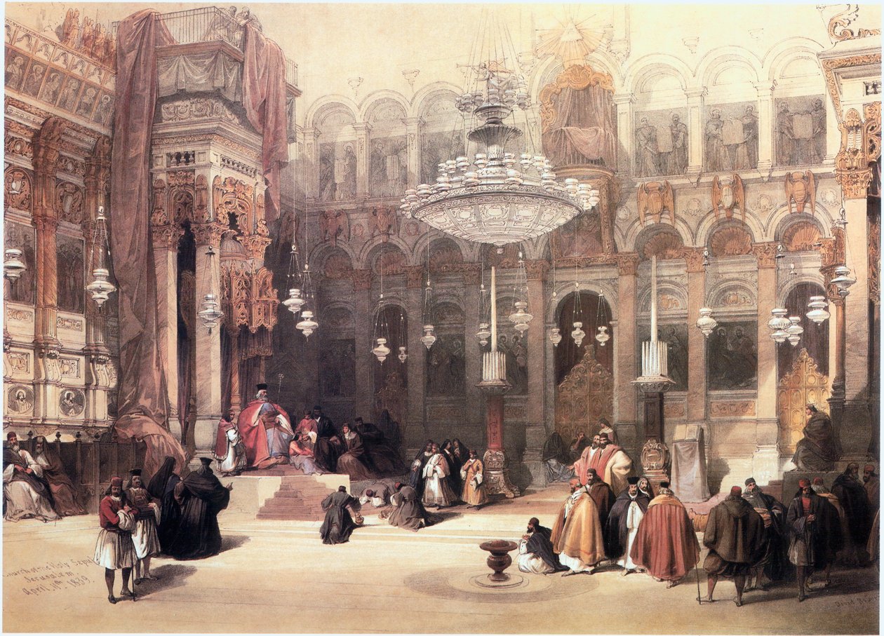 In het Heilige Land: Jeruzalem, Kerk van het Heilig Graf, de Grieks-orthodoxe kapel (gravure) door David Roberts