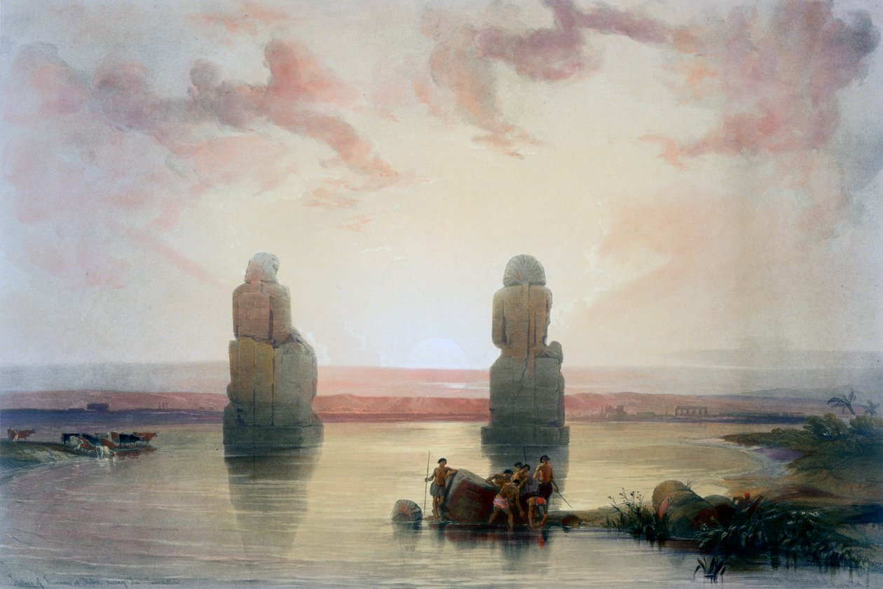 De kolossen van Memnon, in Thebe, tijdens de overstroming, 19e eeuw door David Roberts