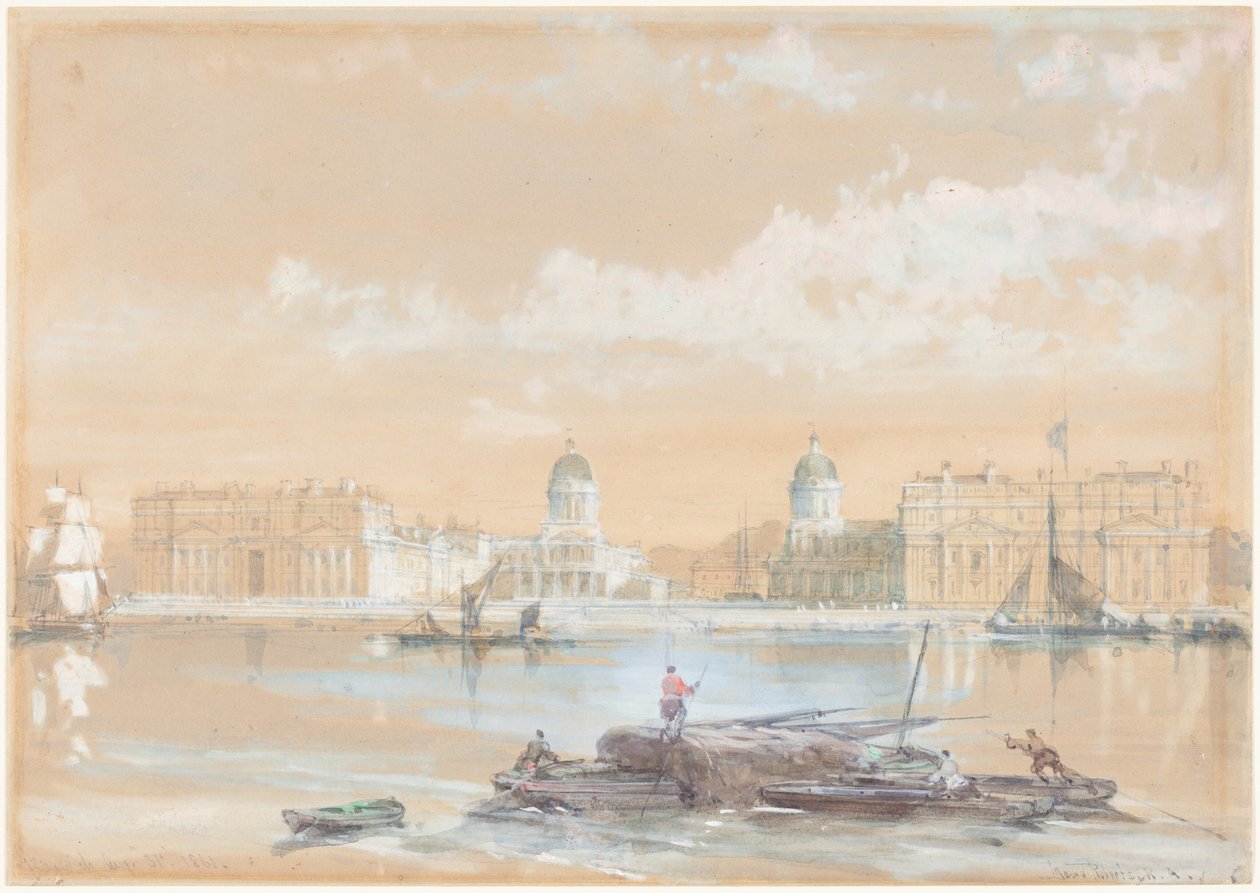 De Marineacademie gezien vanaf de rivier bij Greenwich door David Roberts