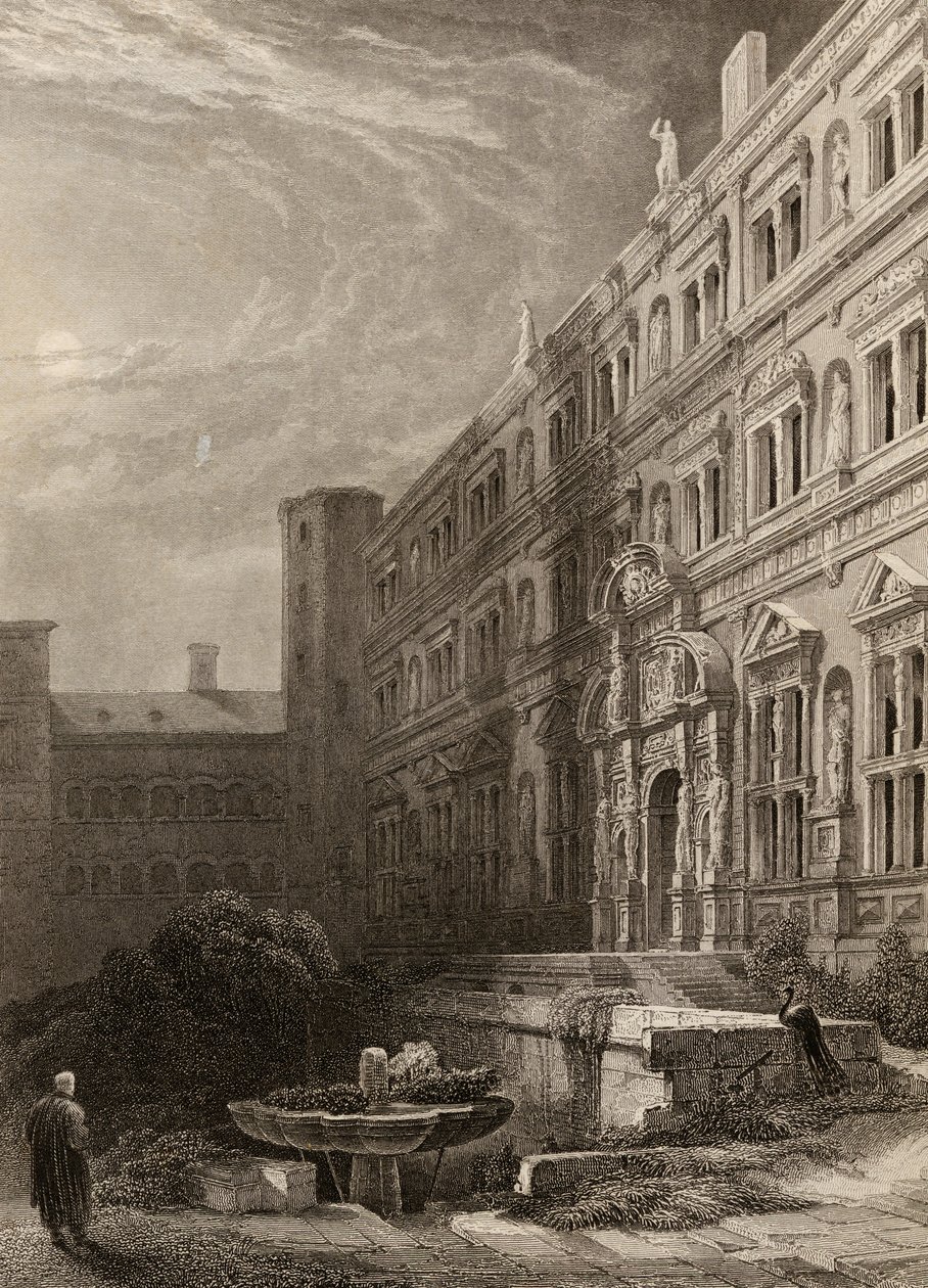 De grote binnenplaats van Heidelberg, gegraveerd door H. Winkles, illustratie uit 