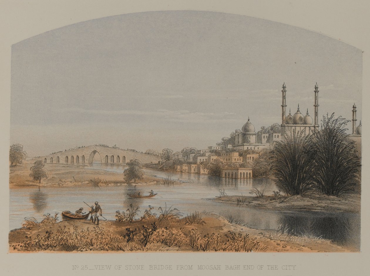 Uitzicht op Stone Bridge vanaf Moosah Bagh einde van de stad door David Scott Lieutenant Colonel (after) Dodgson
