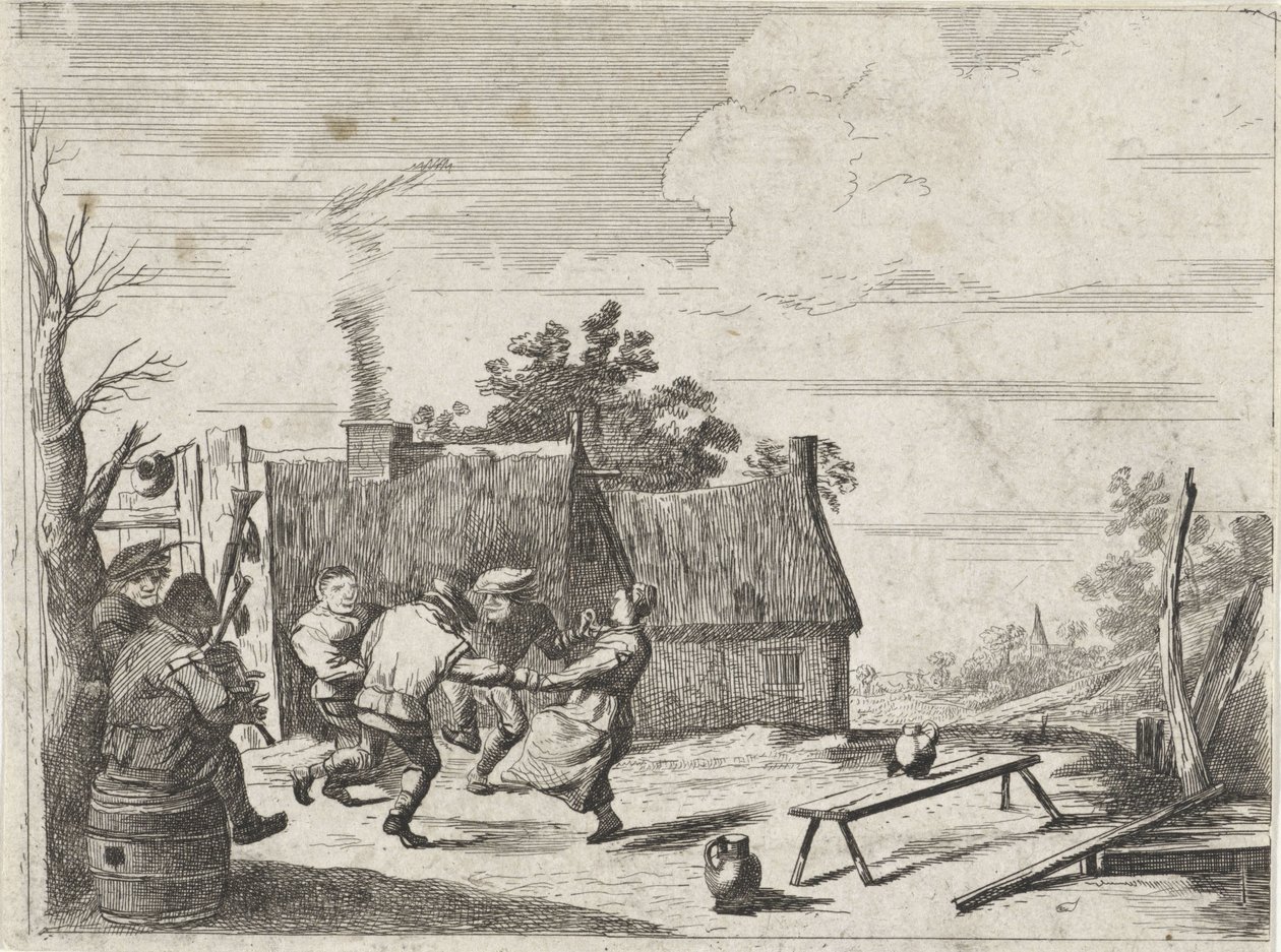 Dansende boeren op de muziek van twee muzikanten door David Teniers (II)