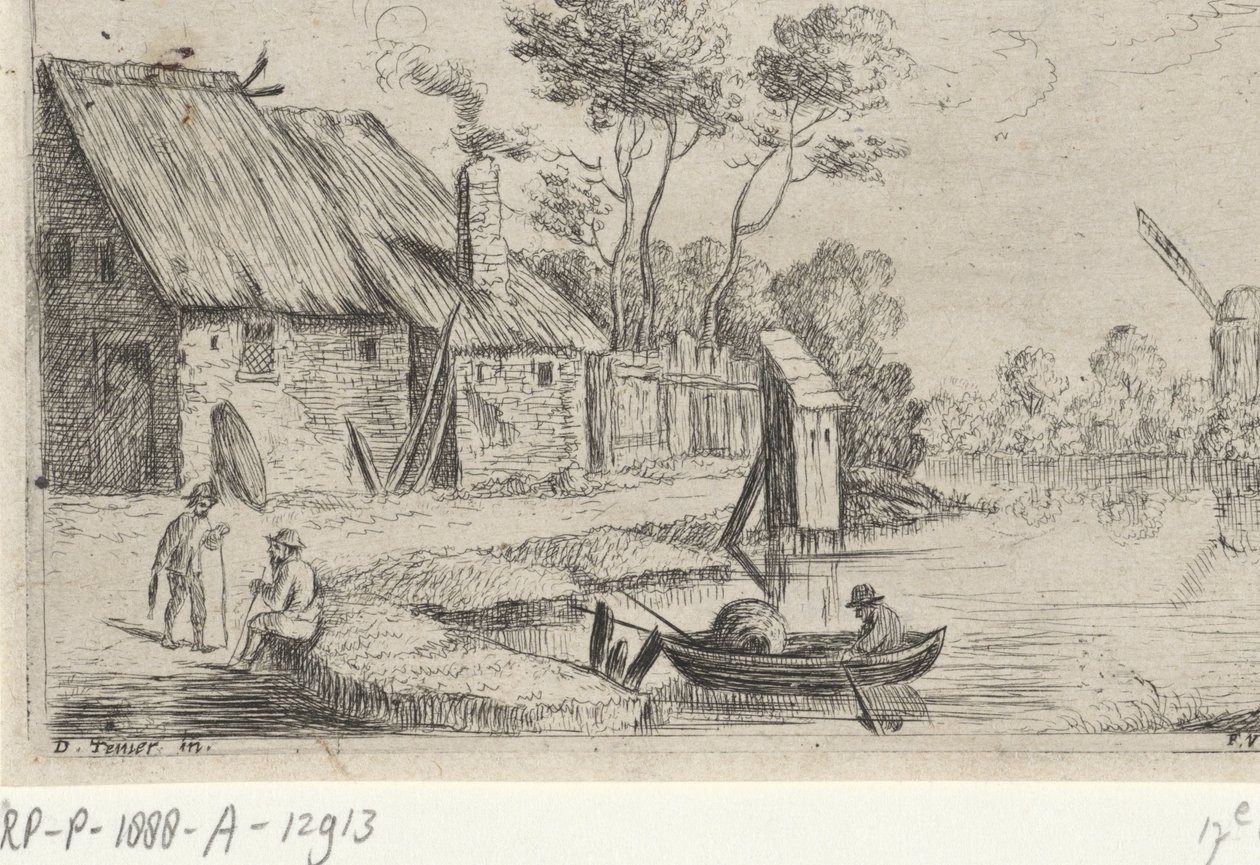 Landschap met boerderij en water door David Teniers (II)
