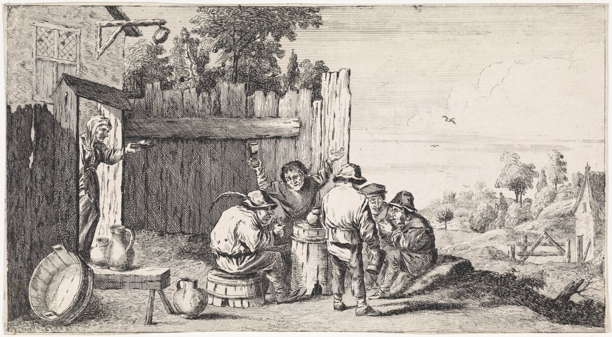 Vijf boeren rond een ton door David Teniers (II)