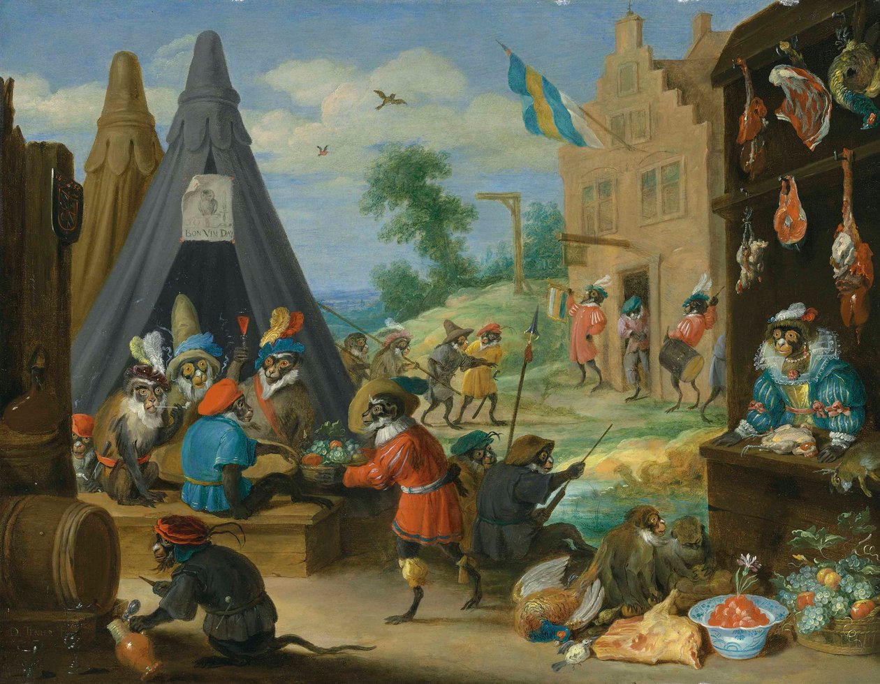 Een apenfestival (apen verkleed als soldaten in een kampement bij een stad) door David Teniers the Younger