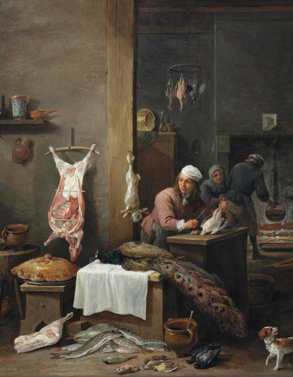 Een keukeninterieur met een kok die wild bereidt aan een tafel (Le Cuisinier Flamand) door David Teniers the Younger