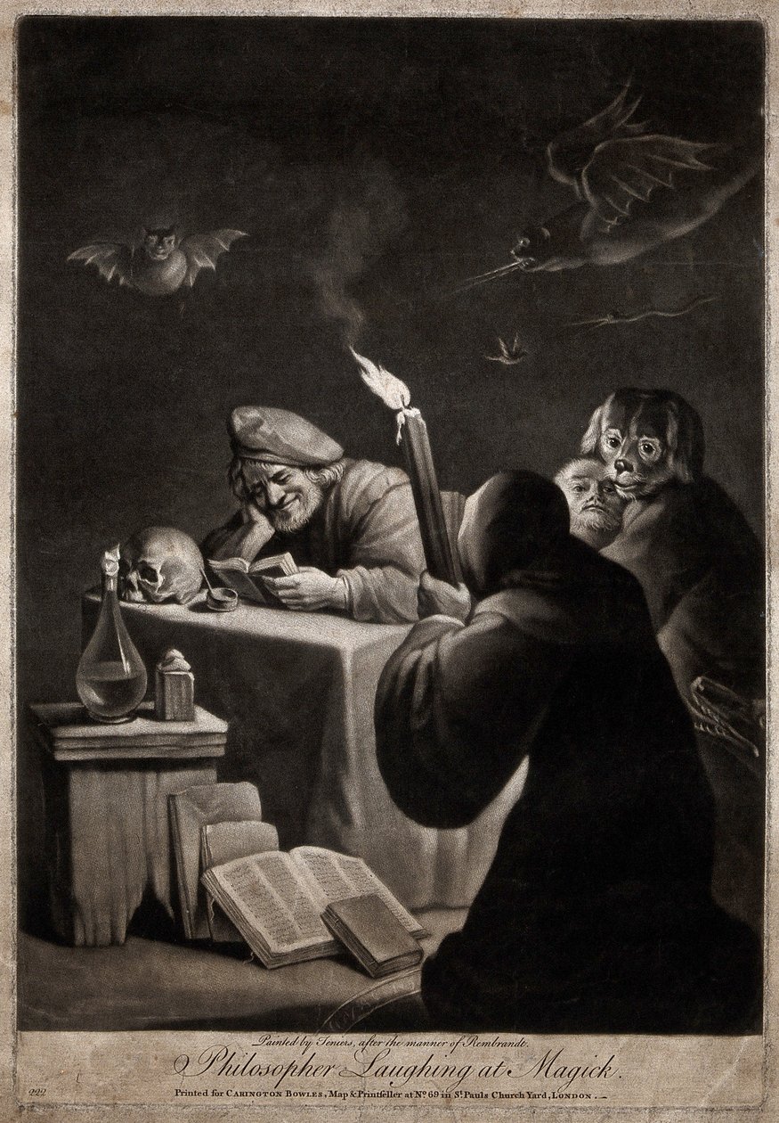 Een man leest een boek, glimlacht; naast hem een man met capuchon, kni door David Teniers the Younger