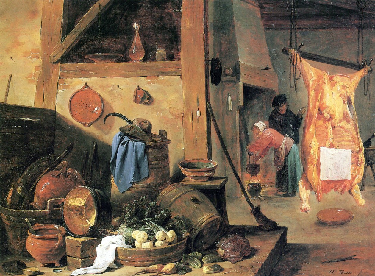 Keukeninterieur met stilleven en geslachte os door David Teniers the Younger